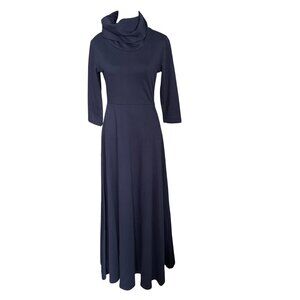 Newme Apparel Long Navy Blue Cotton Maxi Dress With Cowl Neck & 3/4 Sleeves